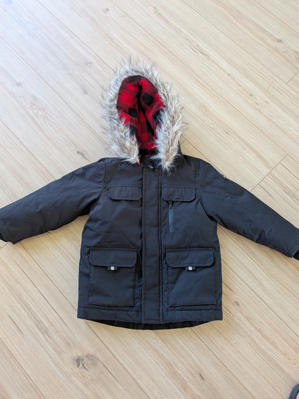 Kids Black Hooded Winter Coat with Faux Fur Trim